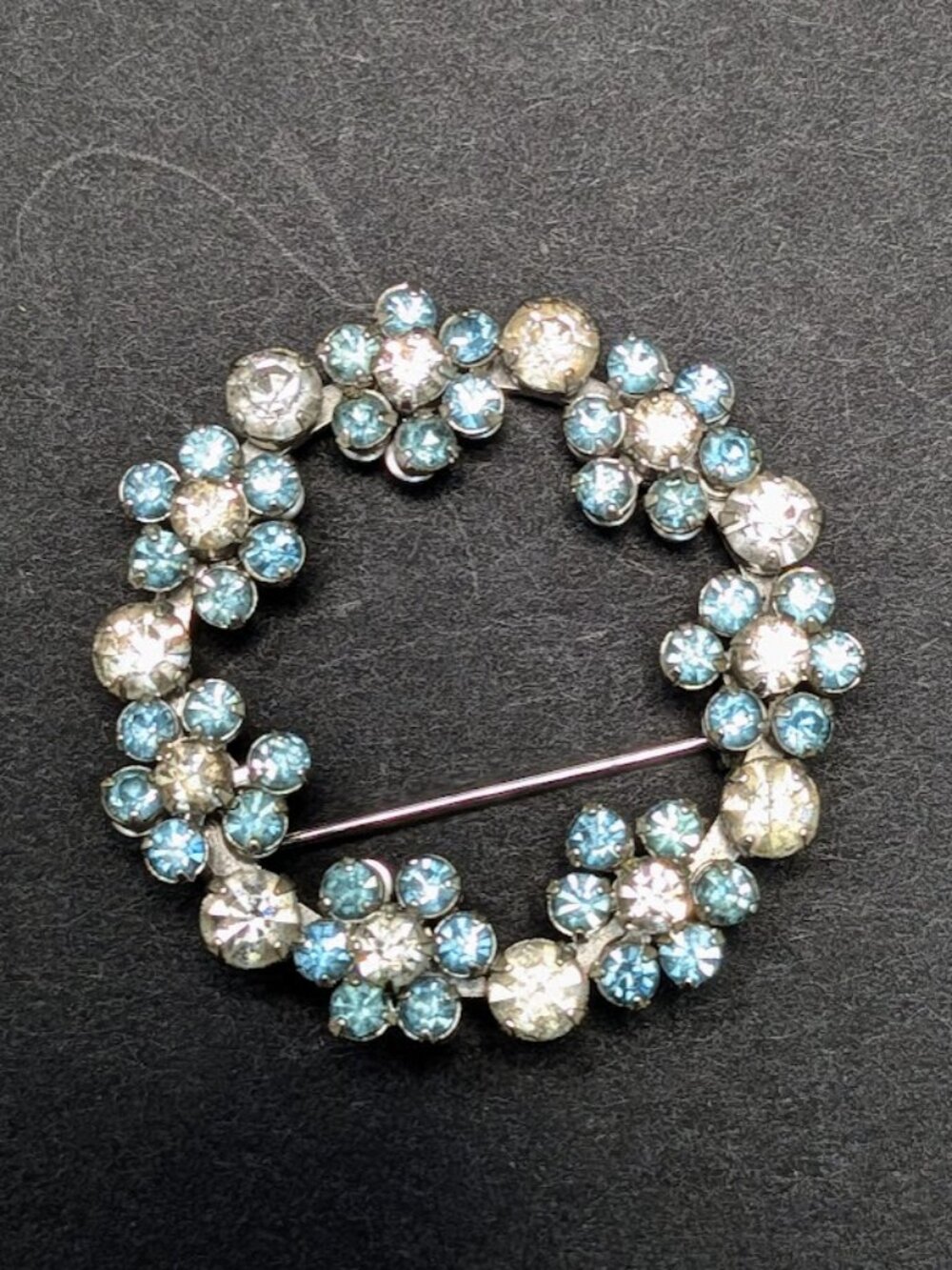 Vintage 1950s Aqua Blue Clear Rhinestone Floral Wreath Brooch 1.75"
